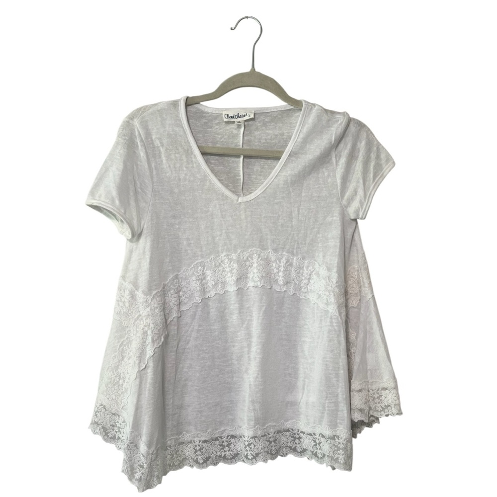 Cloud Chaser White V-Neck Lace-Trim Short Sleeve Tee